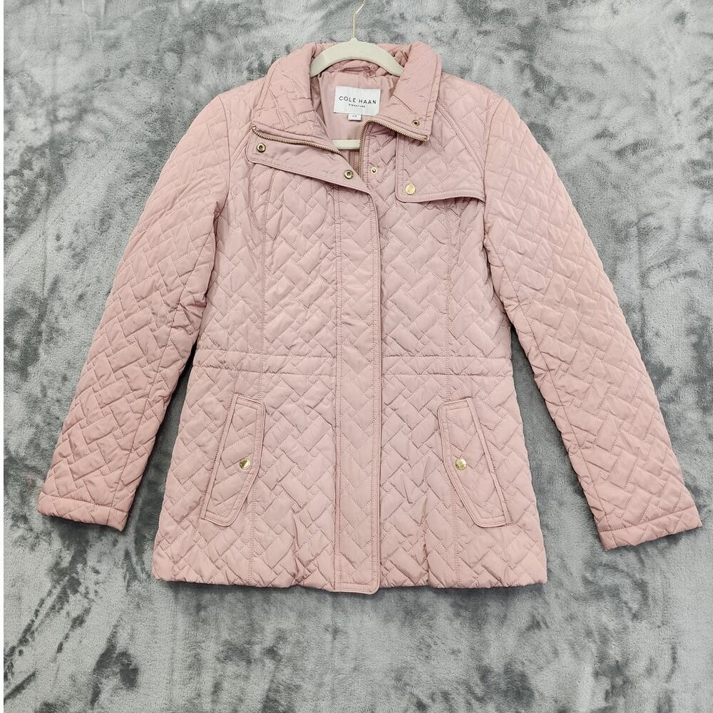 Cole Haan Jacket Womens S Pink Quilted Drawstring Waist Lined Preppy Gold Snaps‎